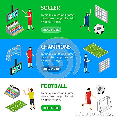 Soccer Competition Banner Horizontal Set Isometric View. Vector Vector Illustration