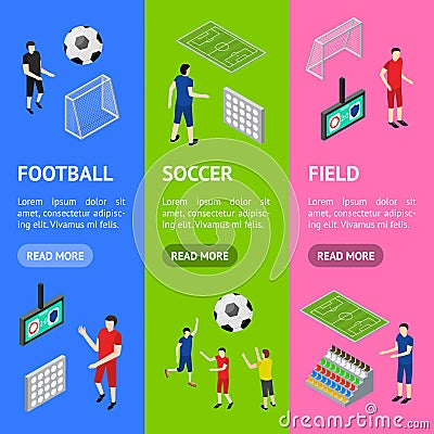 Soccer Competition Banner Vecrtical Set Isometric View. Vector Vector Illustration