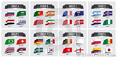 Soccer cup 2018 . Set of national flags team group A - H . Sticky note design . Vector for international world championship tourna Vector Illustration