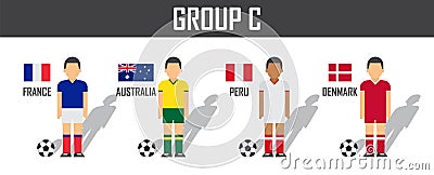 Soccer cup 2018 team group C . Football players with jersey uniform and national flags . Vector for international world championsh Vector Illustration