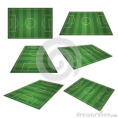 Soccer, european green football field in different point of perspective view Vector Illustration