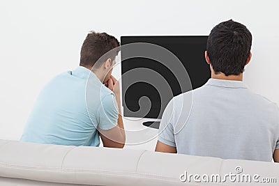 Soccer fans watching tv Stock Photo