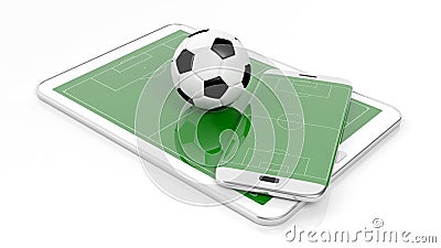 Soccer field with ball on smartphone edge and tablet display Stock Photo