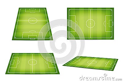 Soccer field, football pitch. Set of soccer fields in isometric and top view. Soccer field or football pitch with marking isolated Vector Illustration