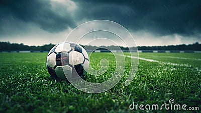 A soccer field with green grass, soccer ball lying on the field, rain coming down Stock Photo