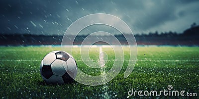 A soccer field with green grass, soccer ball lying on the field, rain coming down Stock Photo