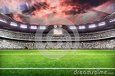 Soccer field with lights and spectors panorama 3d rendering Stock Photo