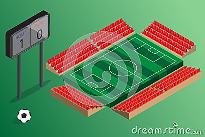 Soccer field outdoor stadium with red seat and score board Vector Illustration