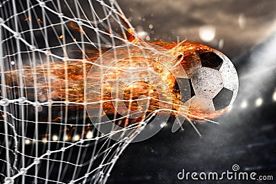 Soccer fireball scores a goal on the net Stock Photo