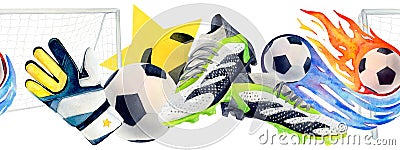 Soccer football border seamless watercolor drawing. Trainers snikers gloves star goal pentagon ball. Sports gear train Stock Photo