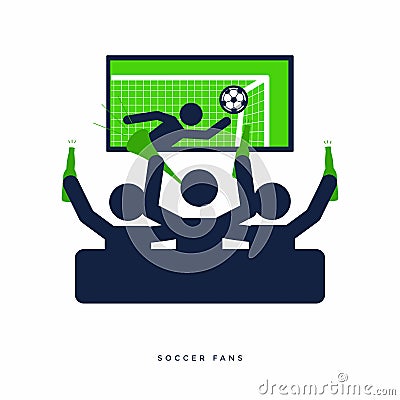 Soccer or football fans with beer bottle watching live football on TV and cheer for their team on sofa. Vector Illustration