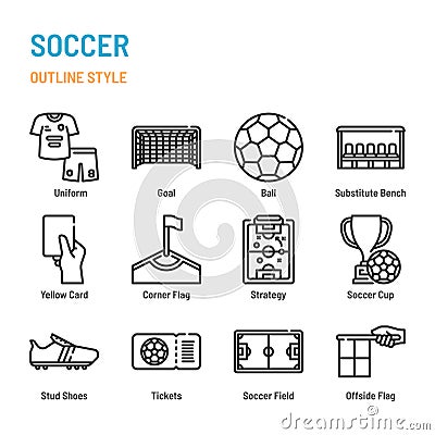 Soccer and football in outline icon and symbol set Vector Illustration