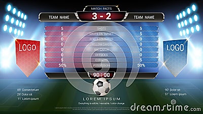 Soccer football scoreboard team A vs team B, Global stats broadcast graphic template with flag, For your presentation of the match Vector Illustration