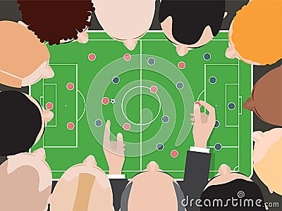 Soccer / Football Tactic Table. Coach With Team Players Top View. Heads Around Table. Tactical Scheme Of Game. Vector Illustration