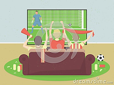 Soccer / football team fans watch TV with game, sitting on the couch. Celebrating goal scored. Vector Illustration