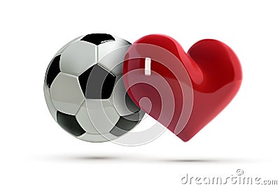Soccer or football Vector Ball and red heart. Realistic soccer ball with love heart in 3d Style. Football love banner Vector Illustration