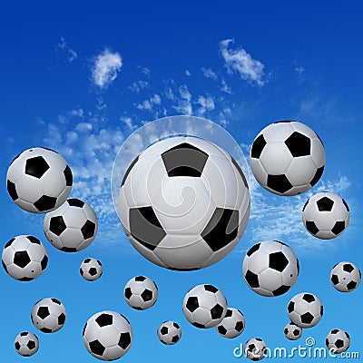 Soccer footballs set in High Cloud Sky Cartoon Illustration