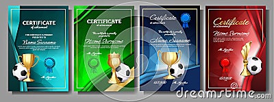 Soccer Game Certificate Diploma With Golden Cup Set Vector. Football. Sport Award Template. Achievement Design. A4 Vector Illustration