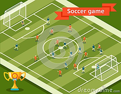 Soccer game. Football field and players Vector Illustration