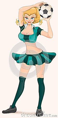 Soccer girl holding ball. Woman cheerleader football Vector Illustration