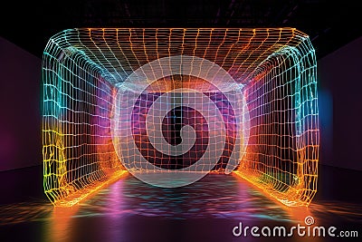 Soccer goal with dynamic holographic nets that adapt to the velocity and trajectory of the ball, creating an intricate dance of Cartoon Illustration