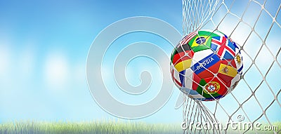 Soccer goal soccer ball with flags in net at soccer stadium 3d r Stock Photo