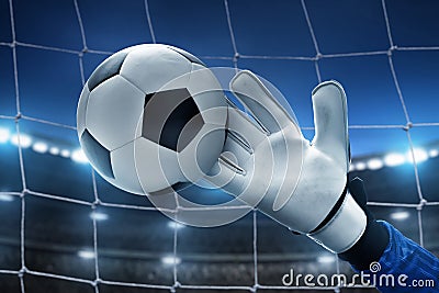 Soccer goalkeeper catches ball on the stadium Stock Photo