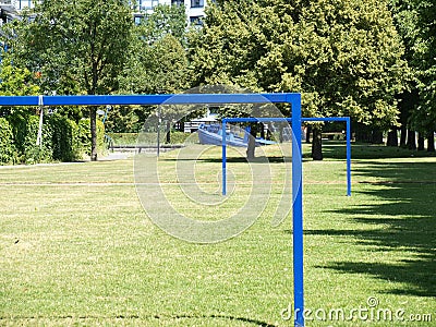 Soccer goals in a park Stock Photo