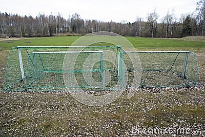 Soccer goals in storage waiting for the summer Stock Photo