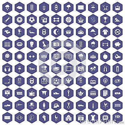 100 soccer icons hexagon purple Vector Illustration