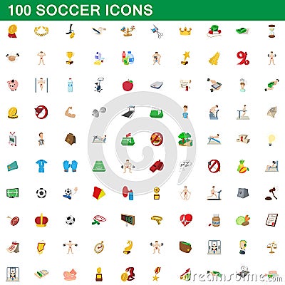 100 soccer icons set, cartoon style Vector Illustration