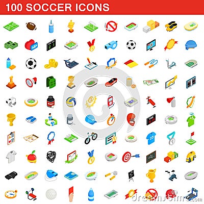 100 soccer icons set, isometric 3d style Cartoon Illustration