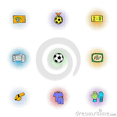 Soccer icons set, pop-art style Vector Illustration