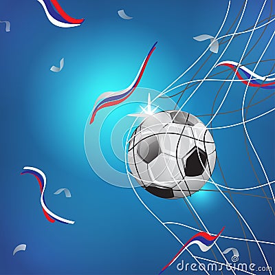 WORLD CUP 2018 RUSSIA. SOCCER GAME MATCH. GOAL MOMENT. BALL IN THE NET. TEMPLATE ILLUSTRATION ON BLUE BACKGROUND Vector Illustration