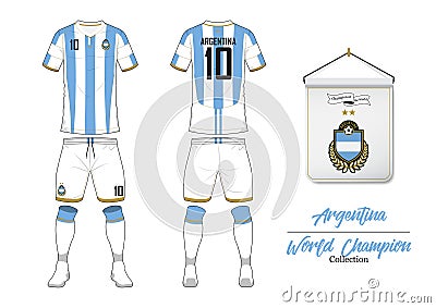 Soccer jersey or football kit. Argentin football national team. Football logo with house flag. Front and rear view soccer uniform. Vector Illustration