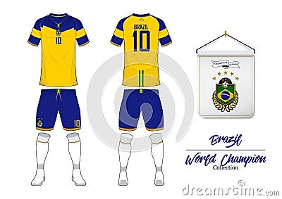 Soccer jersey or football kit. Brazil football national team. Football logo with house flag. Front and rear view soccer uniform. Vector Illustration