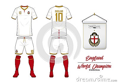 Soccer jersey or football kit. England football national team. Football logo with house flag. Front and rear view soccer uniform. Vector Illustration