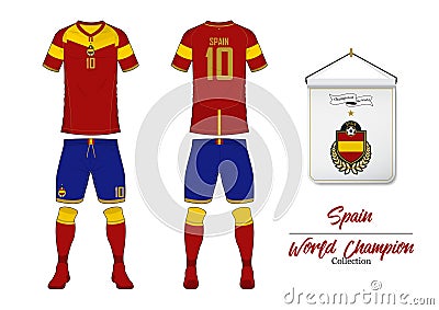 Soccer jersey or football kit. Spain football national team. Football logo with house flag. Front and rear view soccer uniform. Vector Illustration