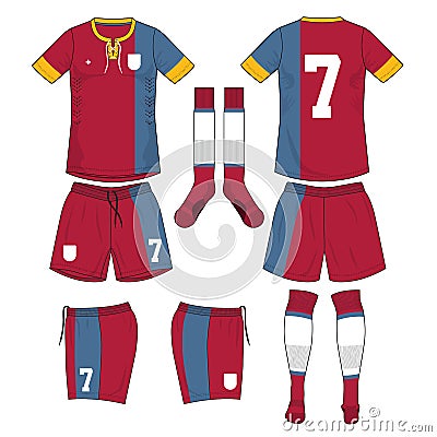 Red and blue yellow soccer jersey with sock and short mock up Vector Illustration