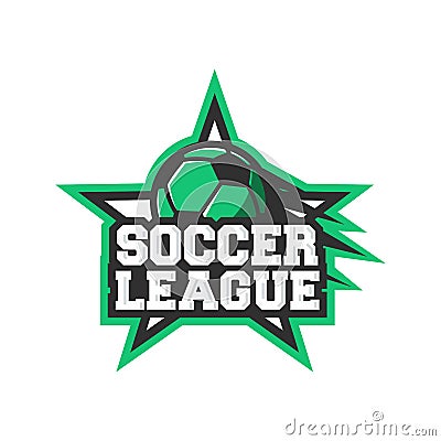 Soccer League logo template. Soccer logo with flying soccer ball isolated on star. Vector Illustration