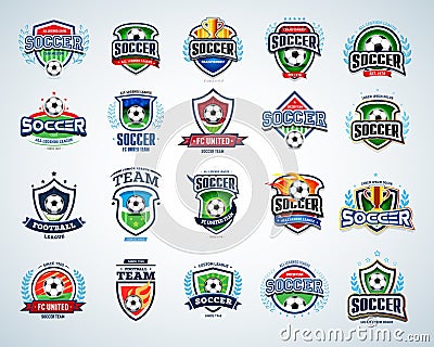 Soccer logo templates set. Football logotypes. Set of soccer football crests and logo template emblem designs. Vector Illustration