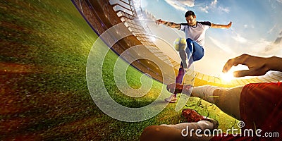 Soccer player in action fish eye first view Stock Photo