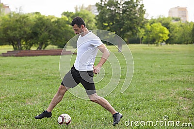 Soccer player in action. Kicking a football Stock Photo