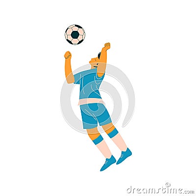 Soccer Player with Ball, Male Footballer Character in Blue Sports Uniform Vector Illustration Vector Illustration