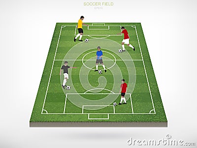 Soccer player and soccer football ball in area of soccer field. Vector Illustration