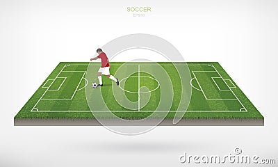 Soccer player and soccer football ball in area of soccer field. Vector Illustration