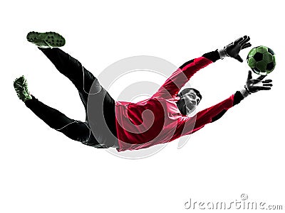 Soccer player goalkeeper catching ball silhouette Stock Photo