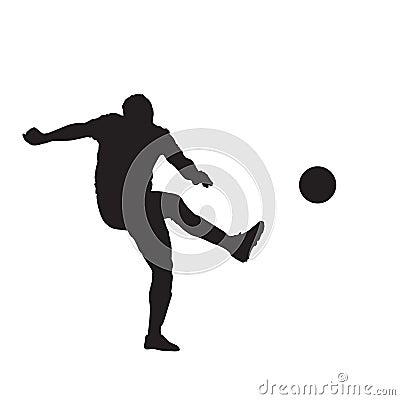 Soccer player kicking ball, isolated vector silhouete. Footballer playing soccer Vector Illustration