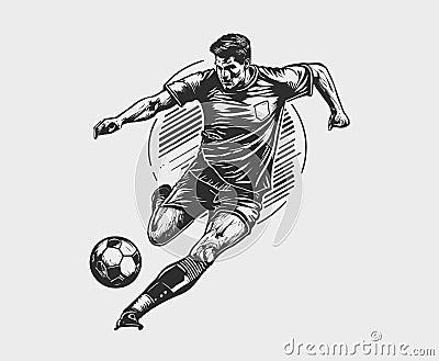 Soccer Player Kicking Ball Vector Illustration. Football Player Sketch Style Design. Vector Illustration