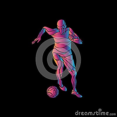 Soccer player kicks the ball. The colorful vector illustration on black background. Vector Illustration